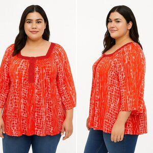 Lane Bryant Red Peasant Blouse Size 14/16 3/4 Sleeve Boho Tunic Top